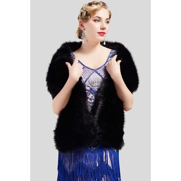 🆕 Women Black Large Faux Fur Collar Shawl Scarf Wrap Evening Cape Winter Coat - Picture 2 of 6